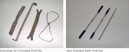 Examples of corroded wall ties and new stainless steel wall ties